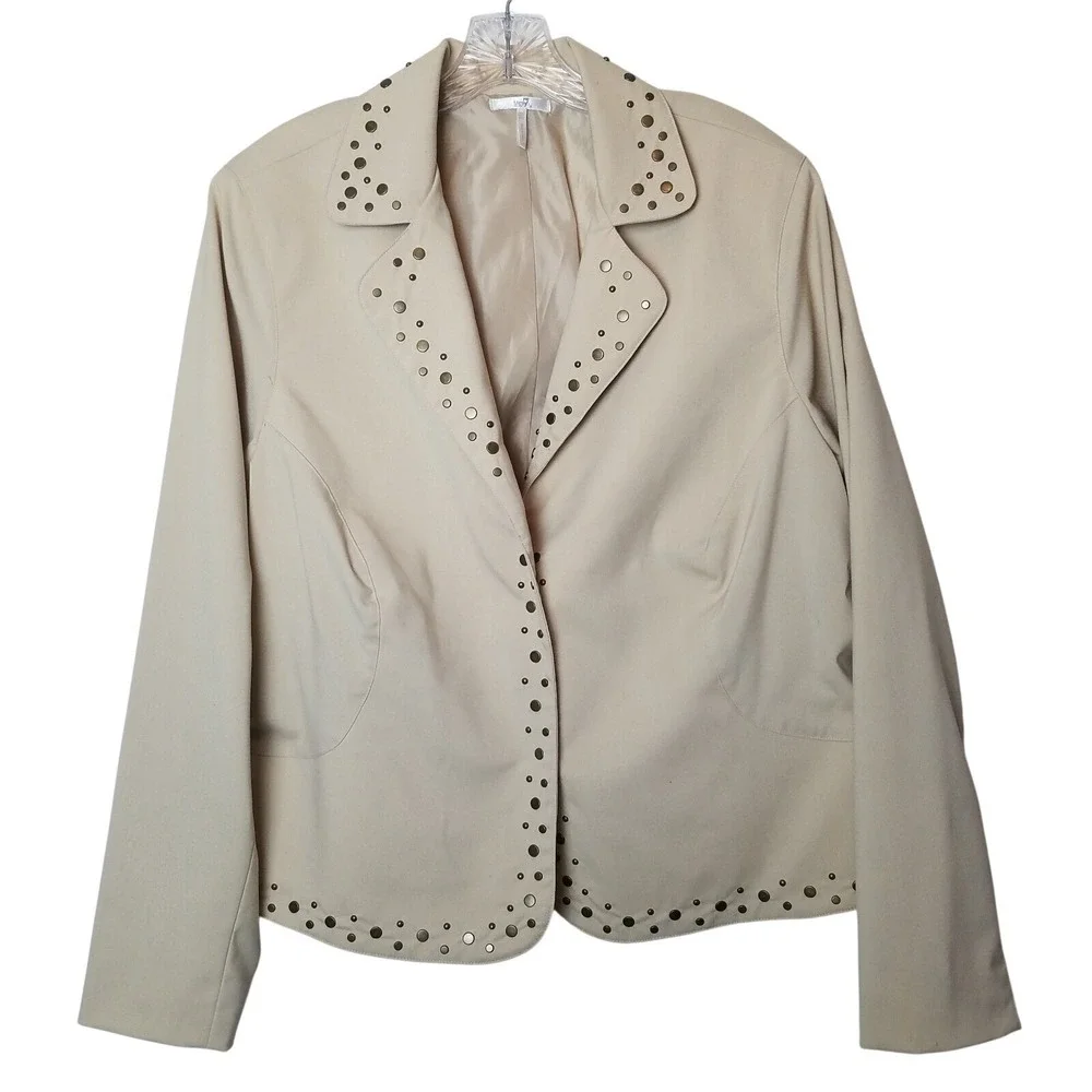 Metro 7 Sand Beige Studded Open Front Blazer Jacket 22W 24W Professional Western